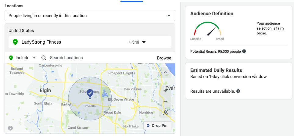 Facebook targeting advertising sales fitness studio gym 5 mile radius